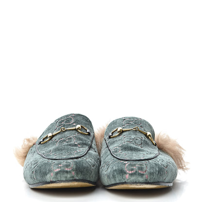 Gucci Velvet GG Monogram Fur Womens Princetown Slippers 37.5 Avio Dusty Pink 3 of 11