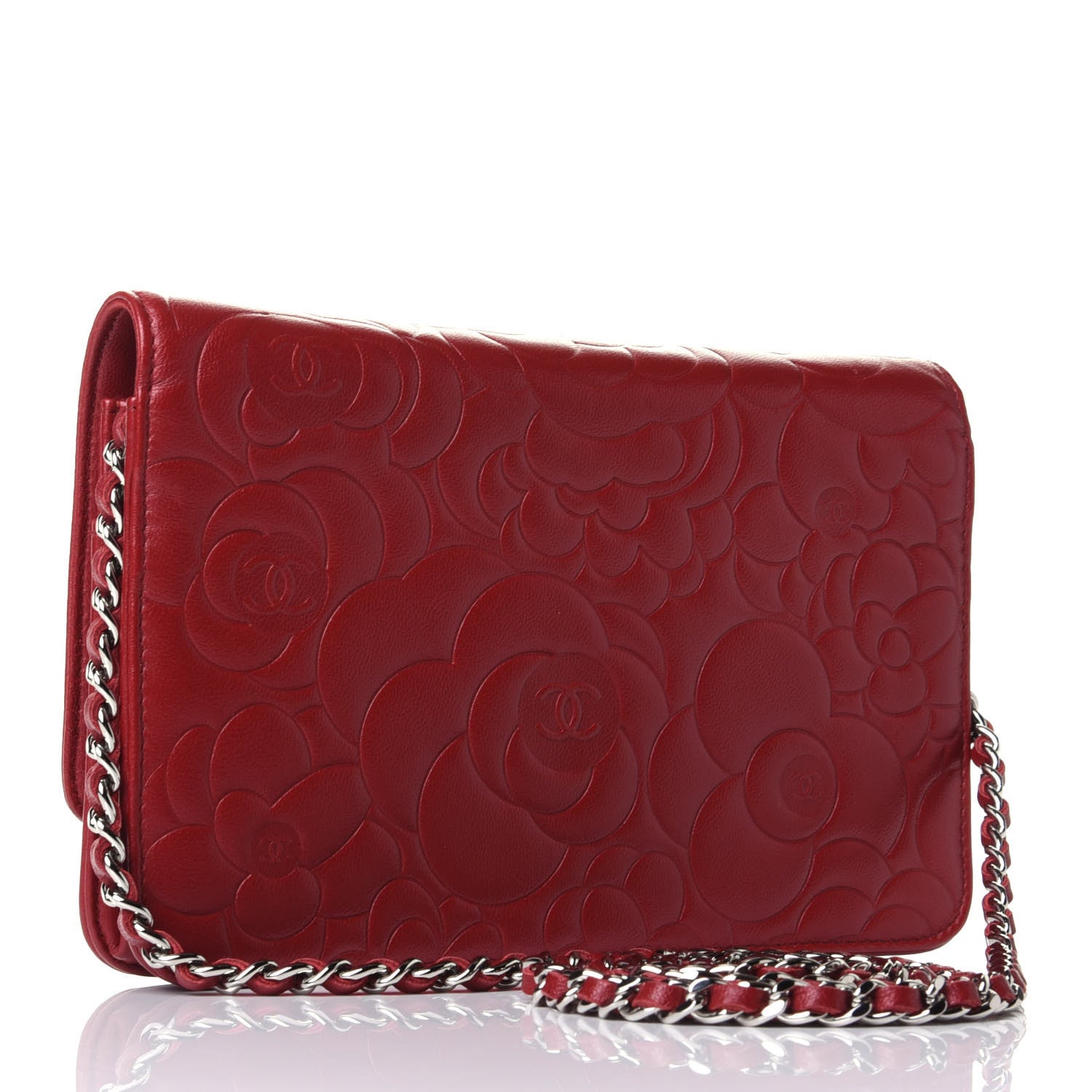 Chanel Lambskin Camellia Embossed Wallet On Chain WOC Red 2 of 4