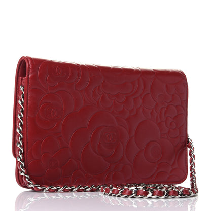 Chanel Lambskin Camellia Embossed Wallet On Chain WOC Red 2 of 4