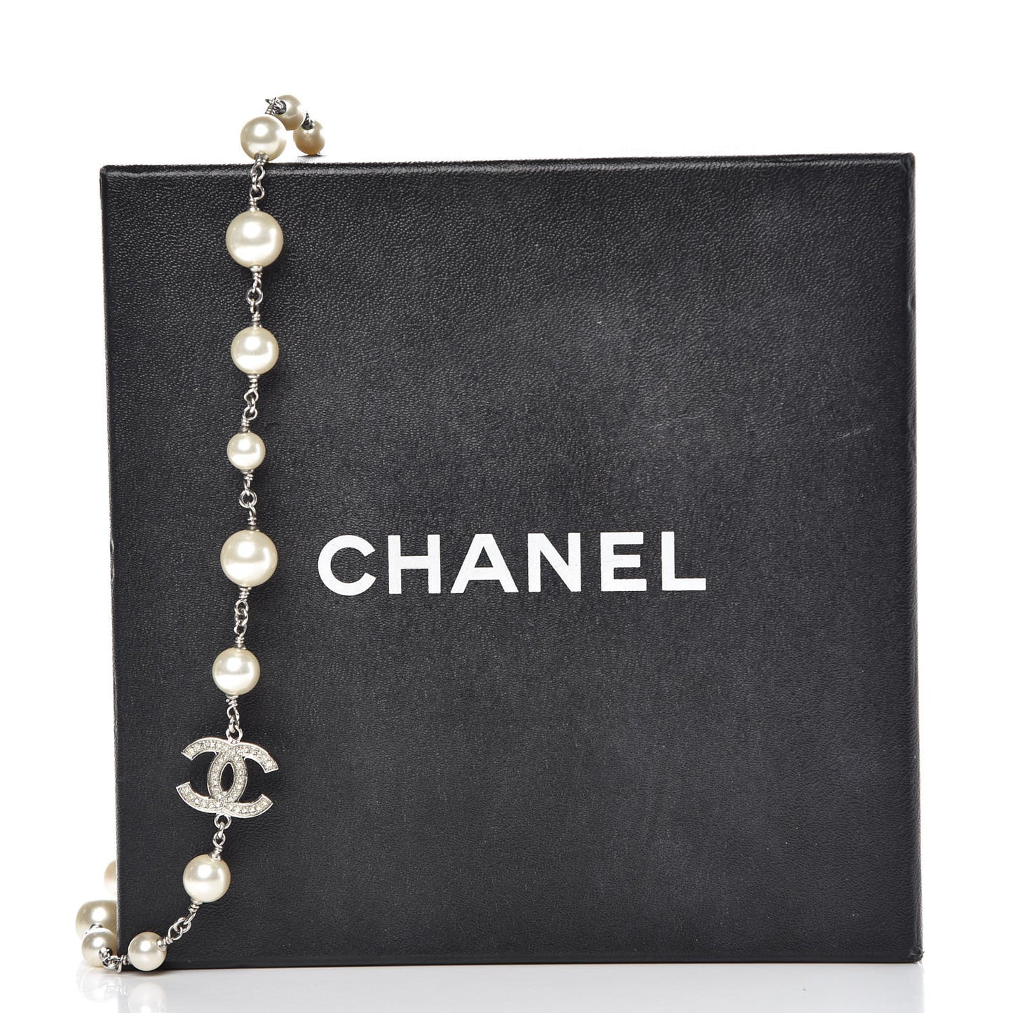 Pearl Baguette Crystal CC Long Necklace Silver