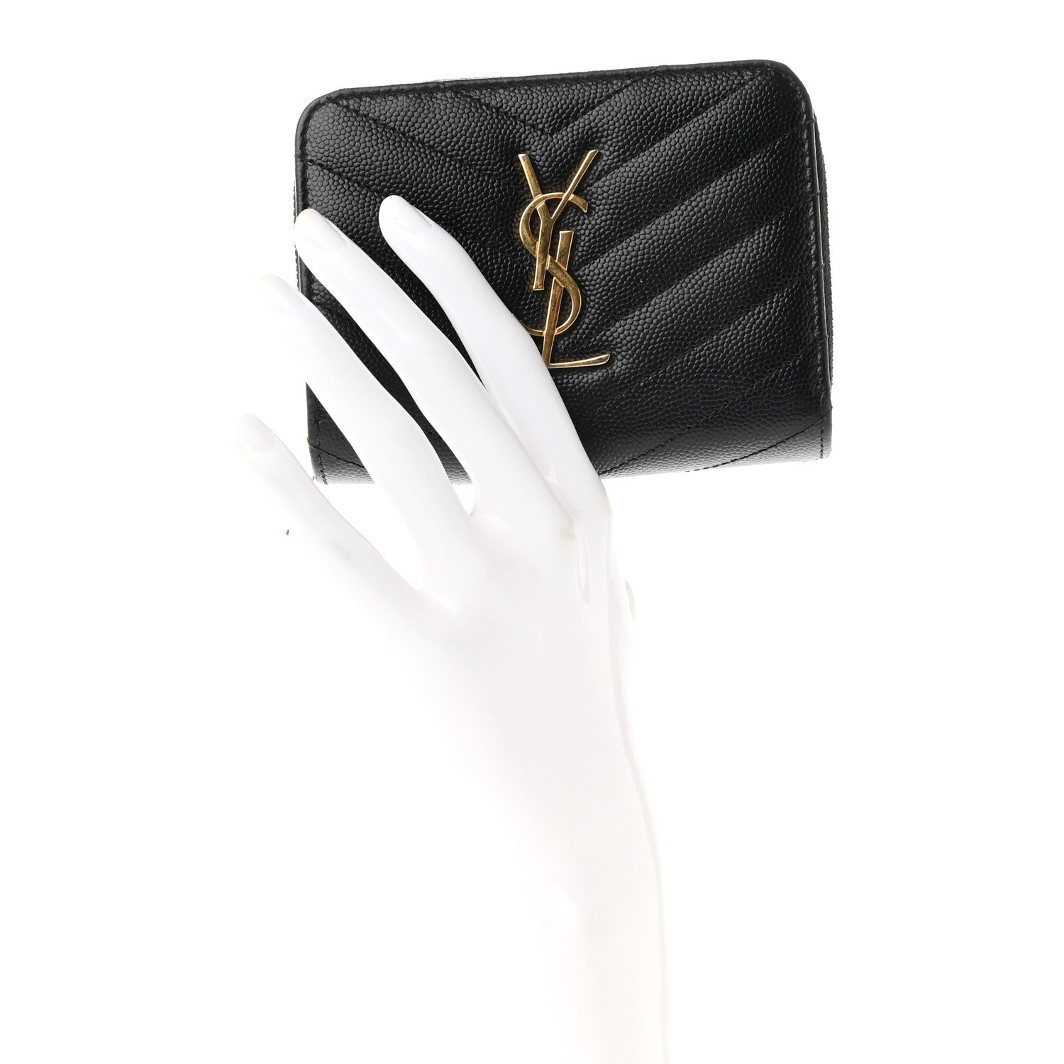 Saint Laurent Grain De Poudre Matelasse Chevron Monogram Compact Zip Around Wallet Black 2 of 8