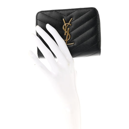 Saint Laurent Grain De Poudre Matelasse Chevron Monogram Compact Zip Around Wallet Black 2 of 8