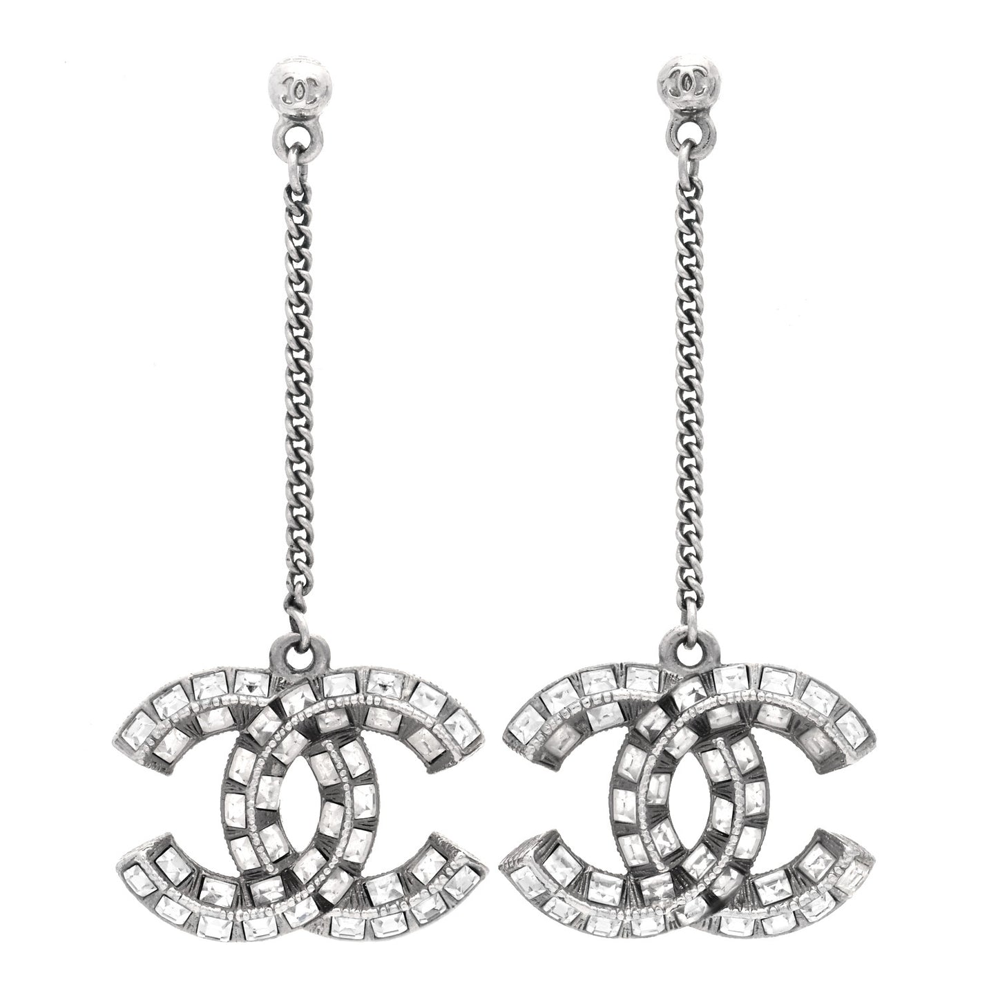 Baguette Crystal CC Drop Earrings Silver