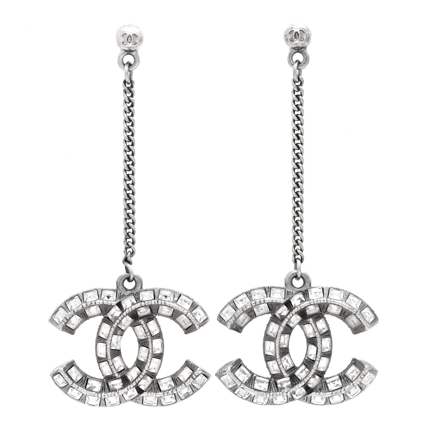 Chanel Baguette Crystal CC Drop Earrings Silver 1 of 4