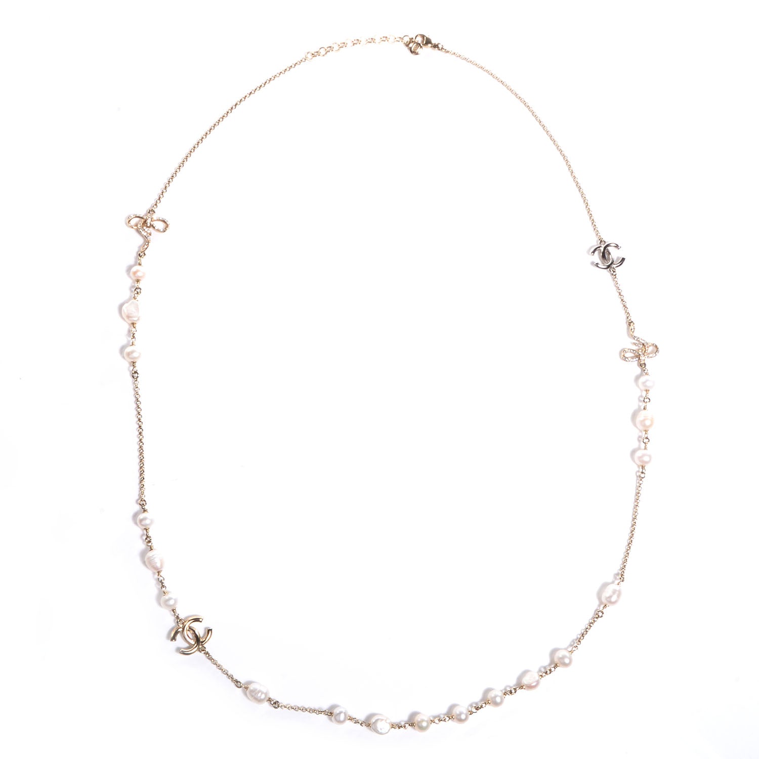 Chanel Crystal Pearl CC Bow Long Necklace Light Gold 4 of 6