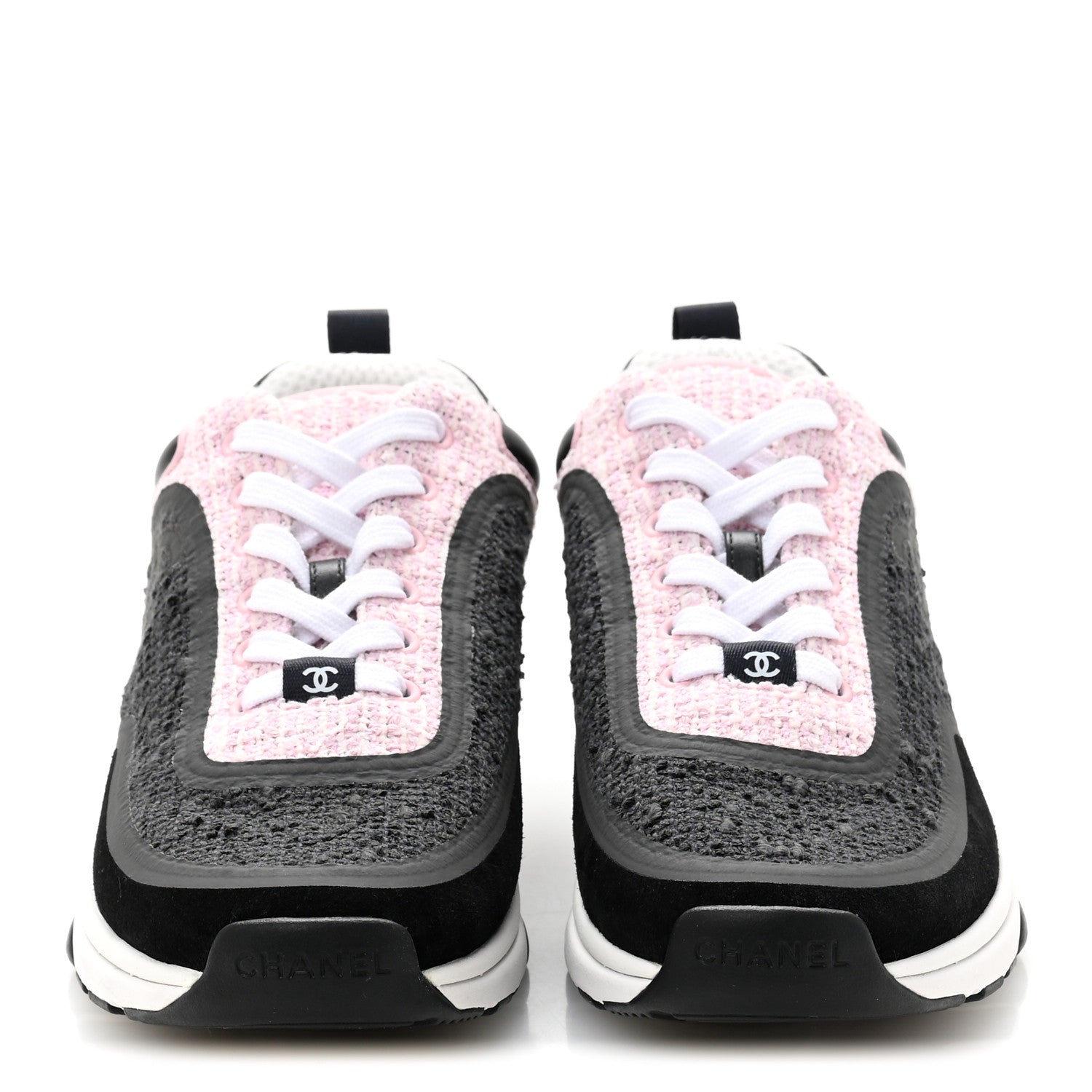 Chanel Tweed Suede Calfskin CC Sneakers 38.5 Gray Pink 3 of 9