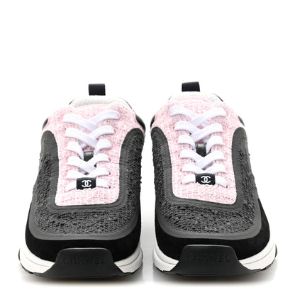 Chanel Tweed Suede Calfskin CC Sneakers 38.5 Gray Pink 3 of 9