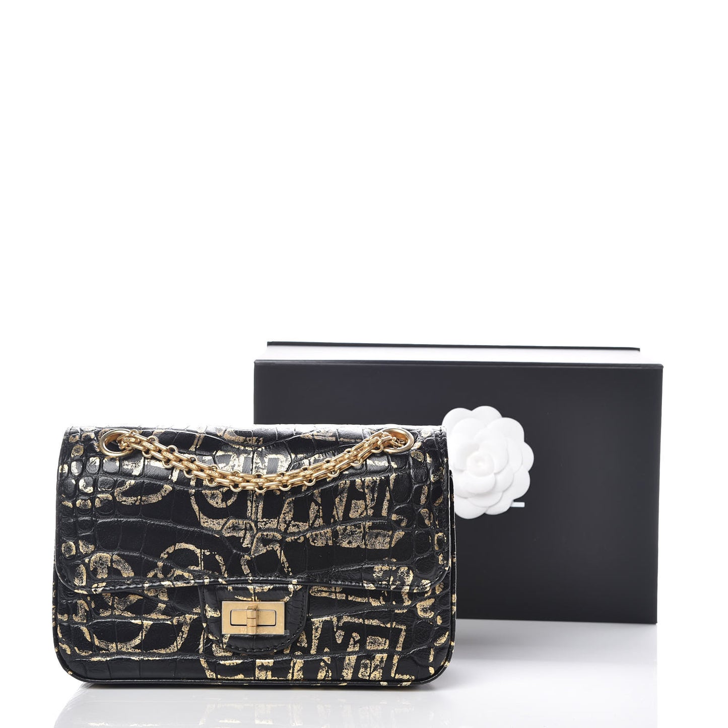 Calfskin Crocodile Embossed Graffiti 2.55 Mini Cocodile Reissue Flap Black Gold