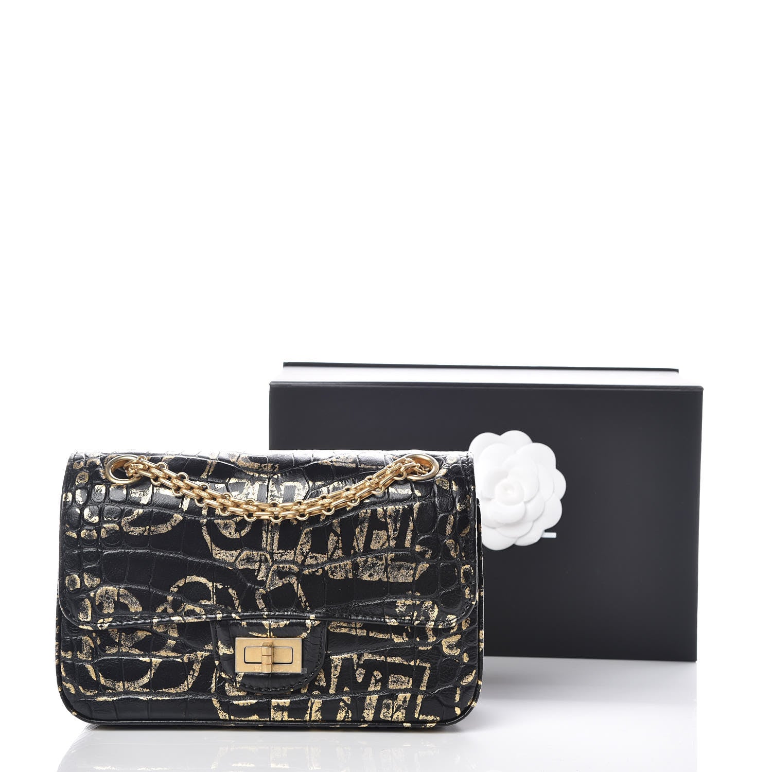 Chanel Calfskin Crocodile Embossed Graffiti 2.55 Mini Cocodile Reissue Flap Black Gold 10 of 10