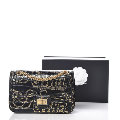 Chanel Calfskin Crocodile Embossed Graffiti 2.55 Mini Cocodile Reissue Flap Black Gold 10 of 10