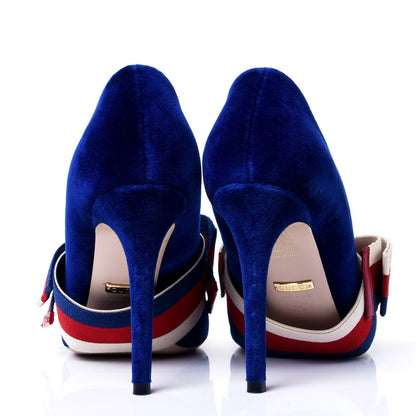 Gucci Velvet Removable Web Bow Pumps 35 Cobalt 6 of 9