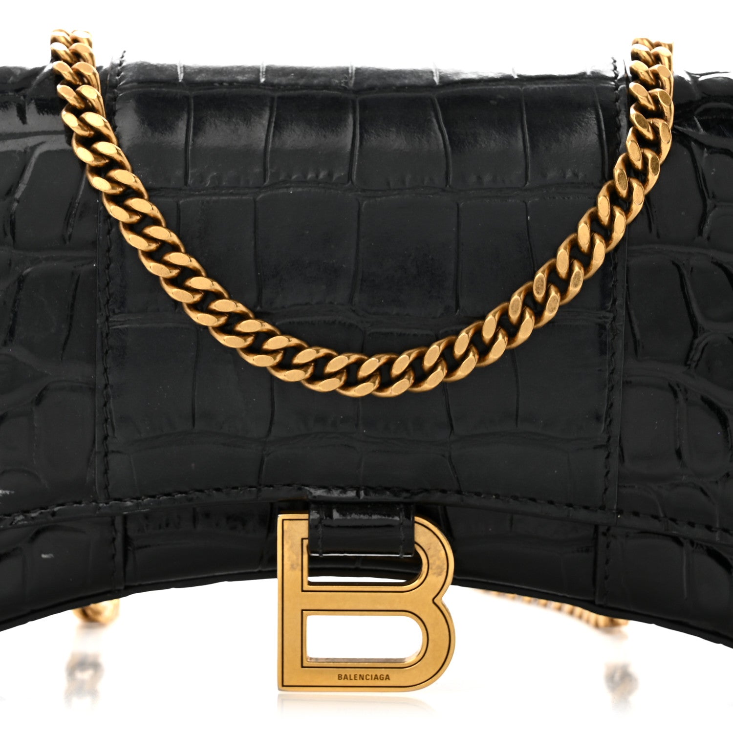 Balenciaga Shiny Calfskin Crocodile Embossed Hourglass Chain Bag Black 7 of 10