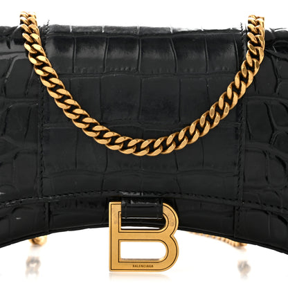 Balenciaga Shiny Calfskin Crocodile Embossed Hourglass Chain Bag Black 7 of 10
