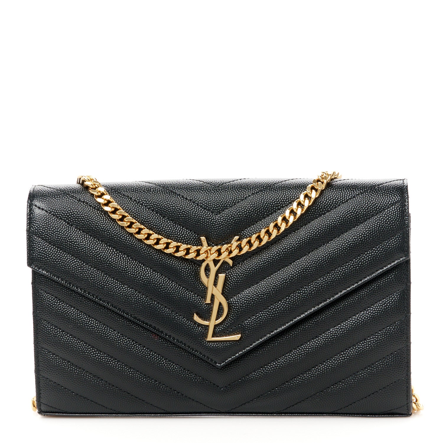 Saint Laurent Grain De Poudre Matelasse Chevron Monogram Chain Wallet Black 1 of 10