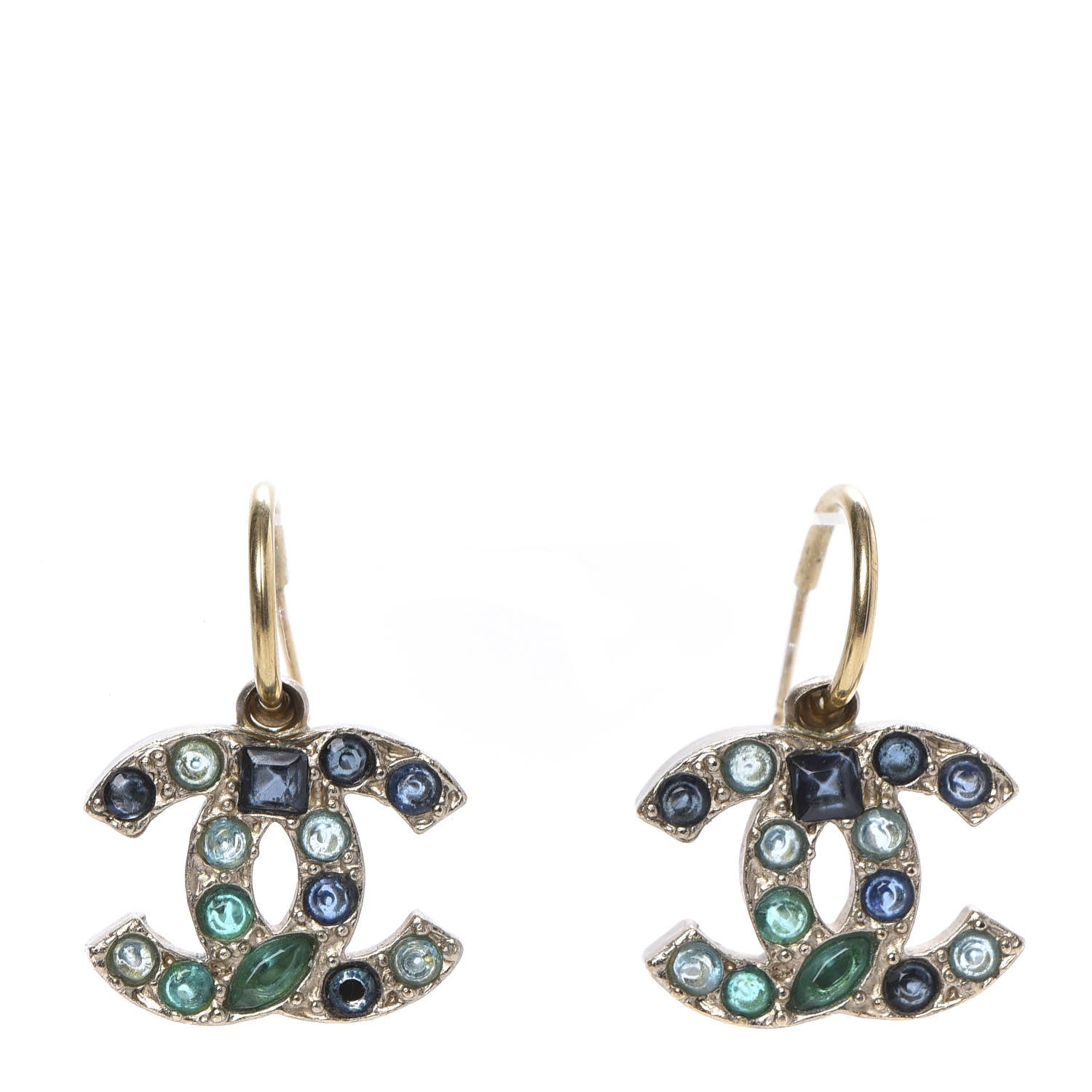 Chanel Crystal CC Dangle Earrings Dark Blue Gold 1 of 5