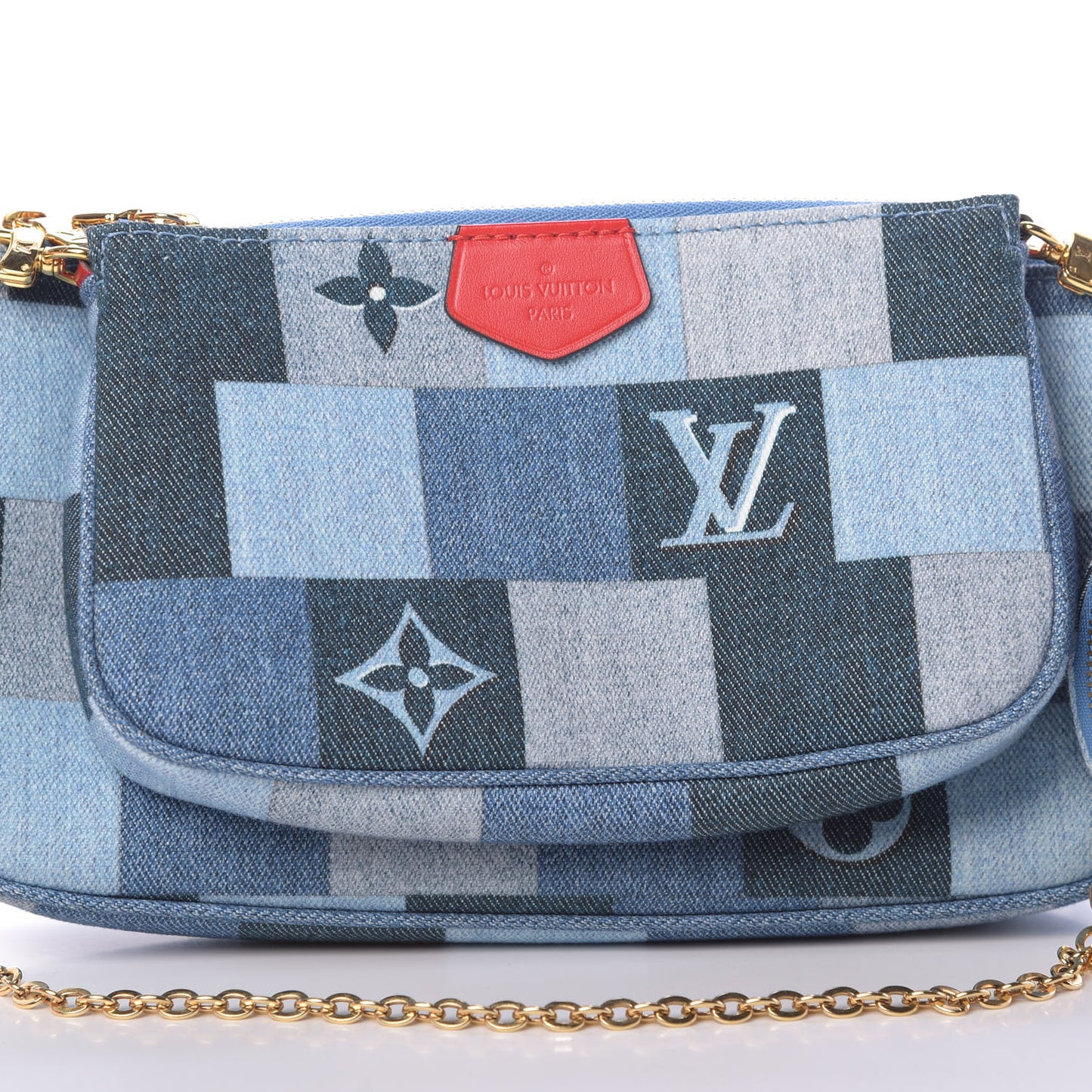 Denim Damier Monogram Patchwork Multi Pochette Accessories Blue Rouge