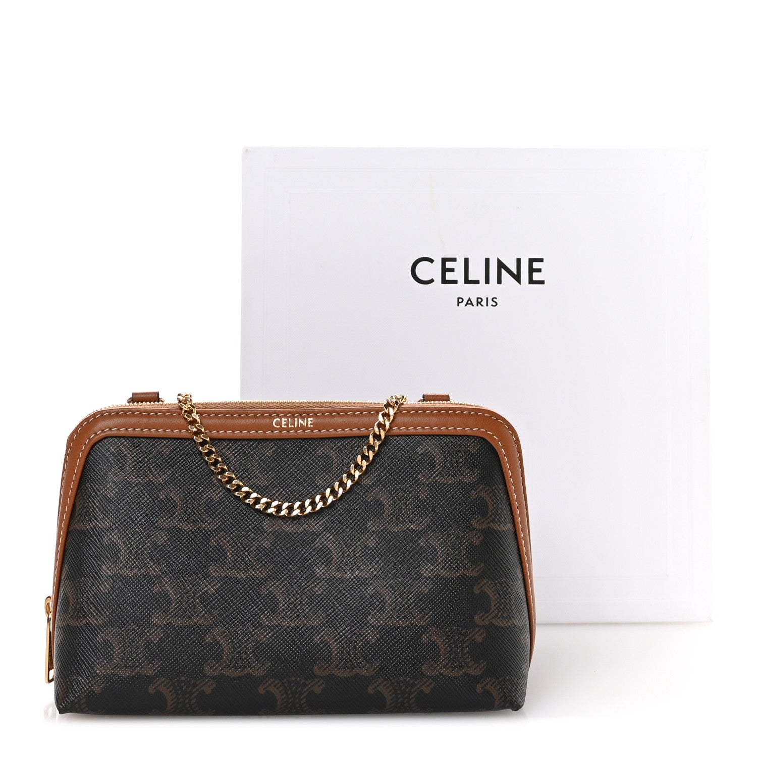 Celine Triomphe Canvas Lambskin Clutch On Chain Tan 1778735 Celine Triomphe Canvas Lambskin Clutch On Chain Tan 1778735
