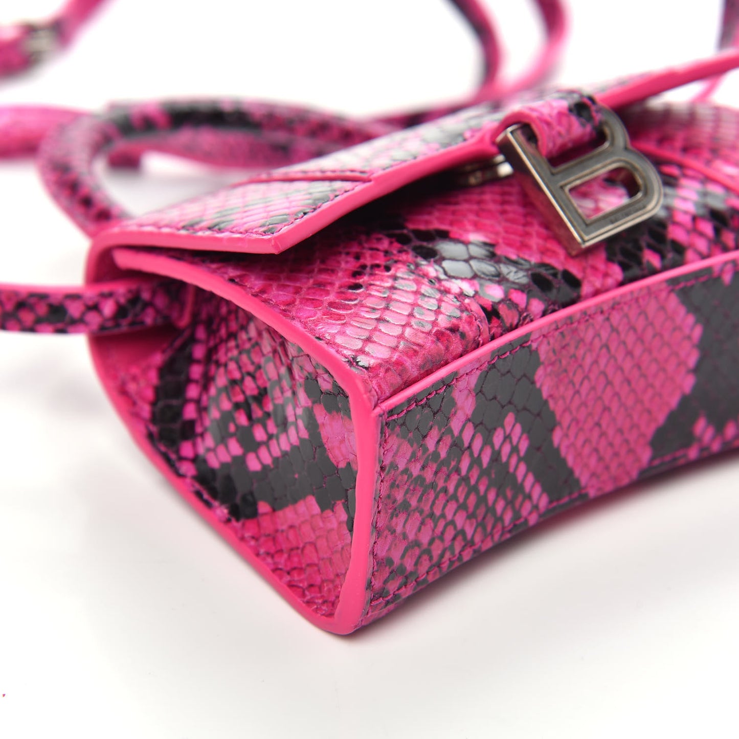 Shiny Calfskin Python Effect Hourglass Top Handle Bag Mini Fuchsia Black