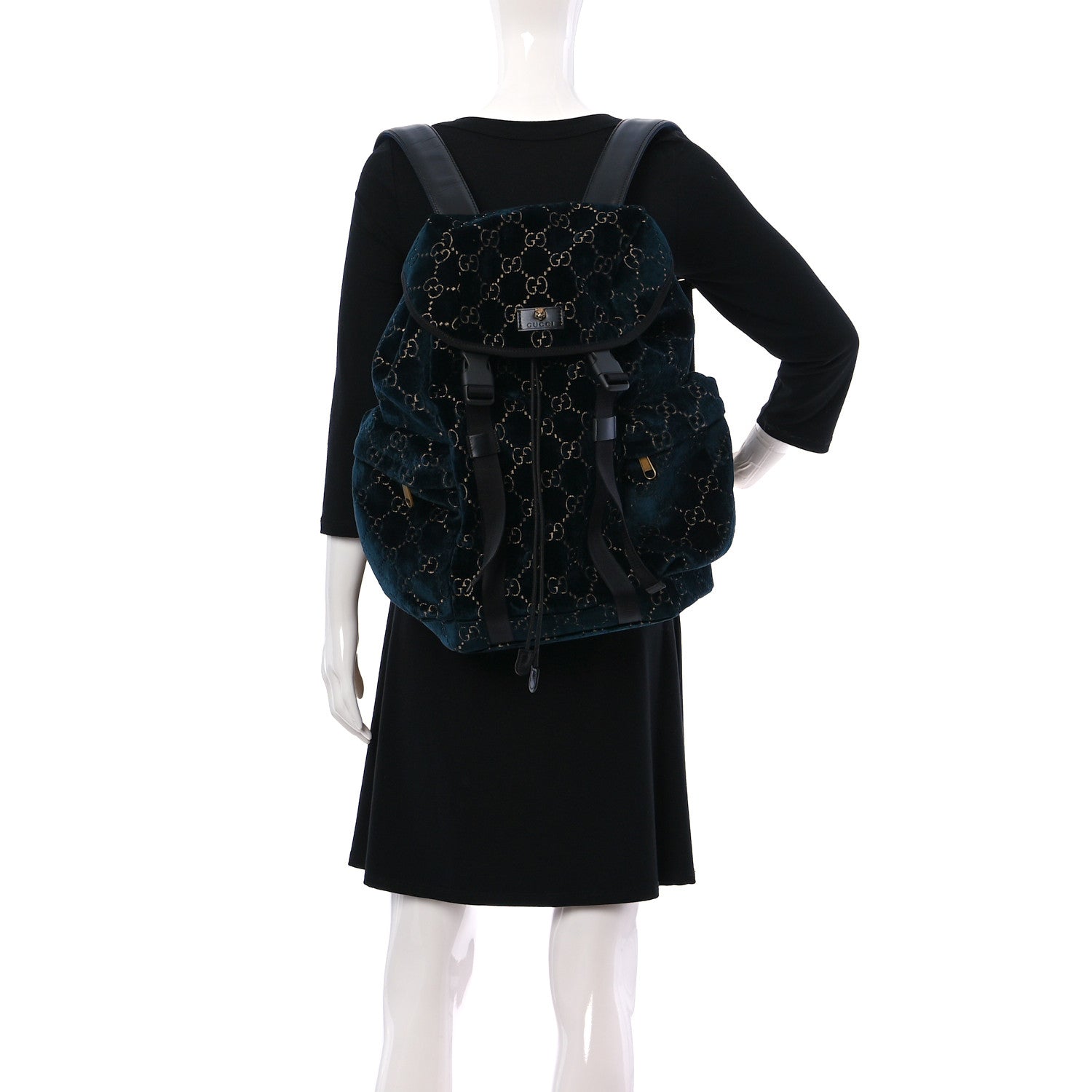 Gucci Velvet GG Monogram Web Medium Double Buckle Backpack Blue Beige Black 3 of 10