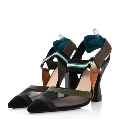Fendi Technical Mesh Colibri High Heel Slingback Pumps 37 Black Verde Military 3 of 13