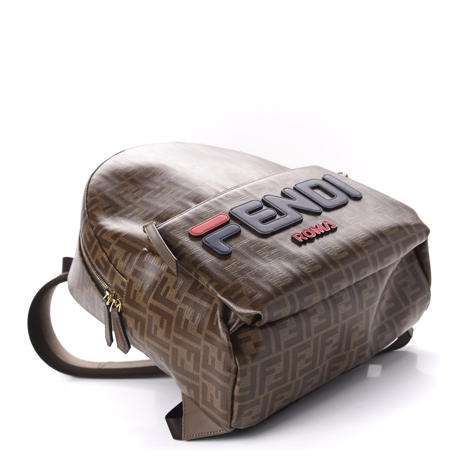 Fendi X FILA Glazed Fabric Vitello Century FF 1974 Mania Pouch Pocket Backpack Mogano Panna Blueberry 3 of 13