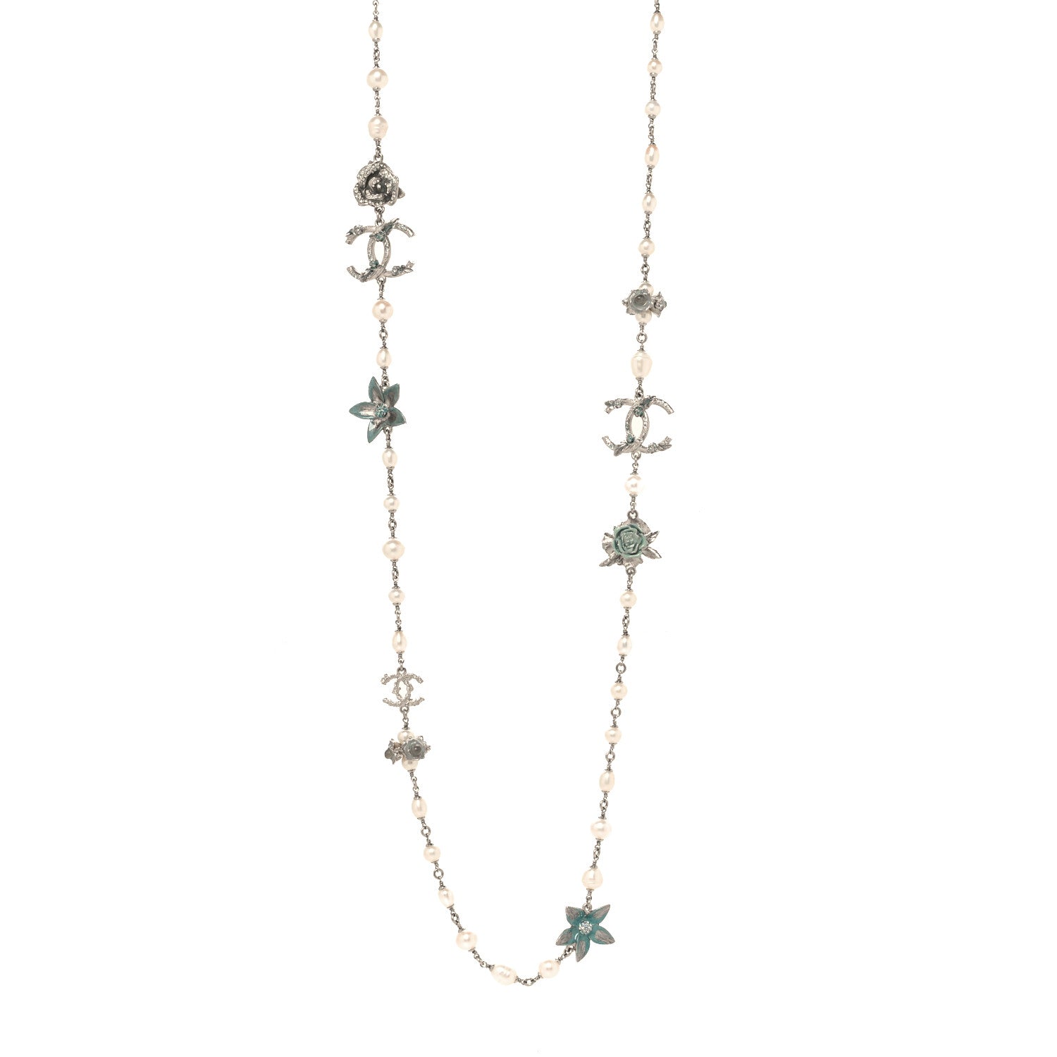 Chanel Crystal Pearl Floral Long Necklace Silver Blue 1 of 4