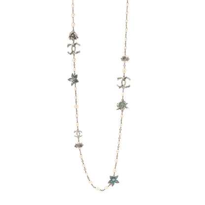 Chanel Crystal Pearl Floral Long Necklace Silver Blue 1 of 4