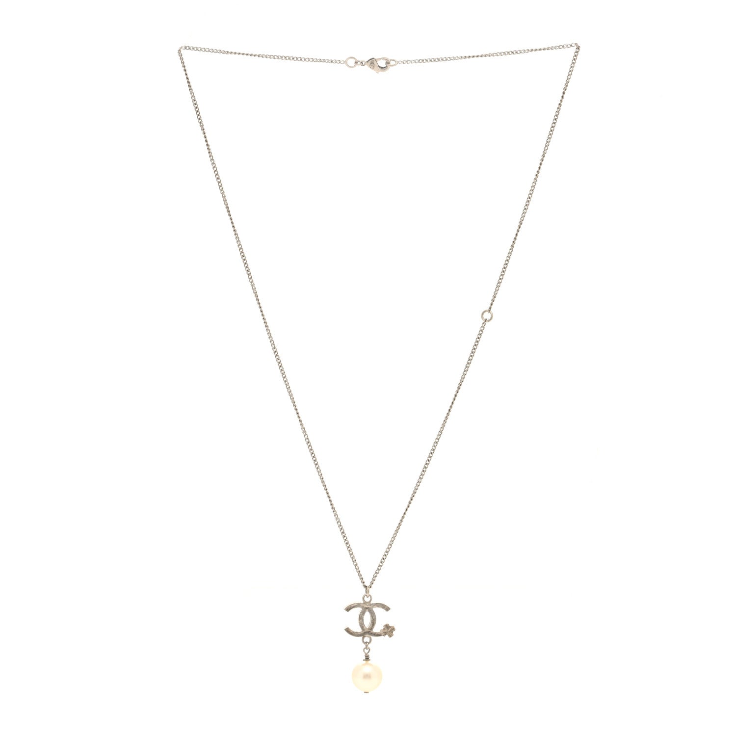 Chanel Pearl Clover CC Drop Necklace Silver 3 of 4