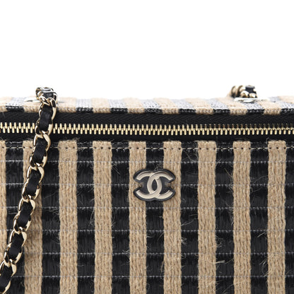 Chanel Raffia Jute Striped Small Vanity Case With Chain Black Beige 10 of 11