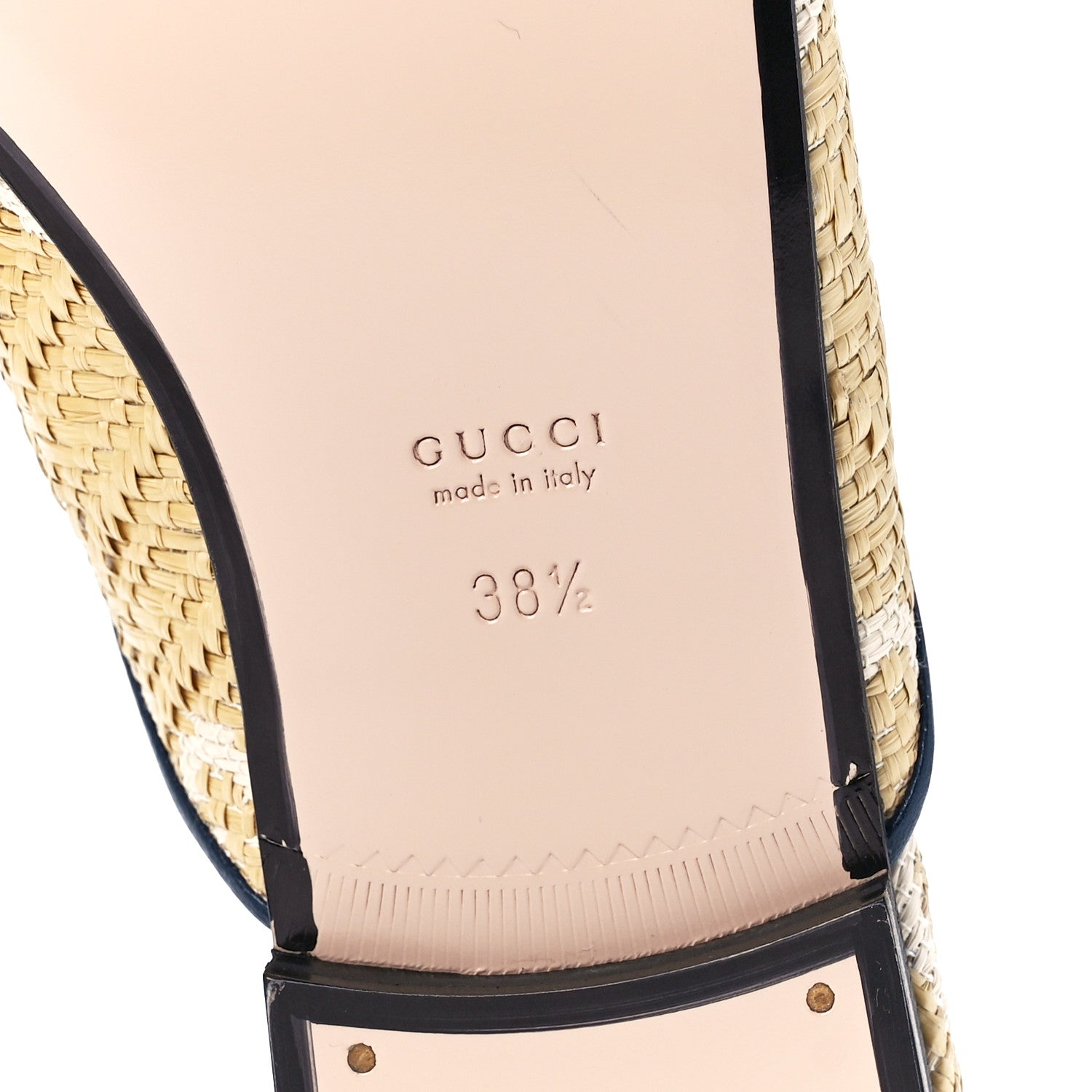 Gucci Raffia Malaga Kid GG Monogram Chevron Horsebit Womens Princetown Slippers 38.5 Natural Mystic White Blue Agata 6 of 9
