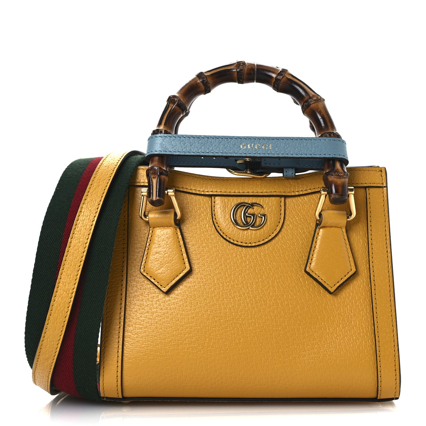Textured Dollar Calfskin Web Mini Diana Tote Bag Yellow Dusty Azure
