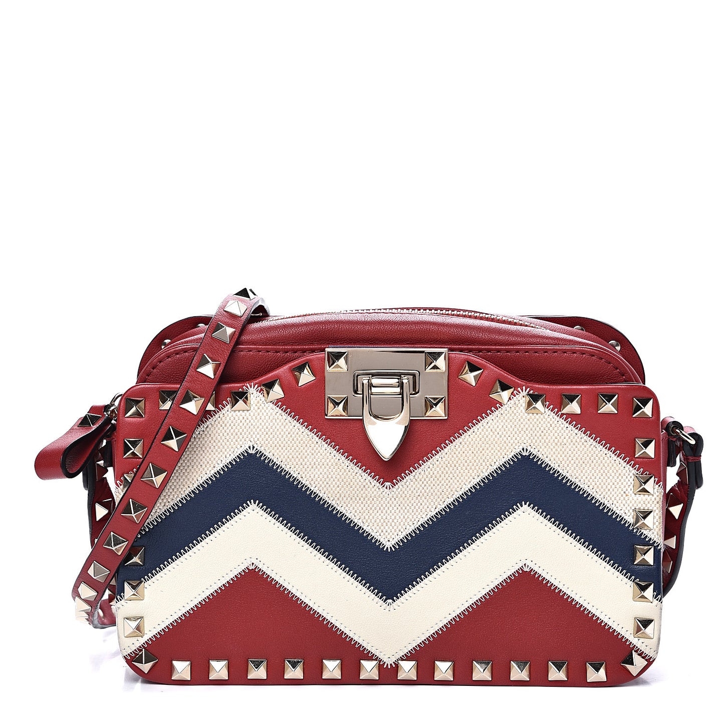 Calfskin Canvas Zig Zag Print Rockstud Flip Lock Camera Crossbody Bag Red Blue