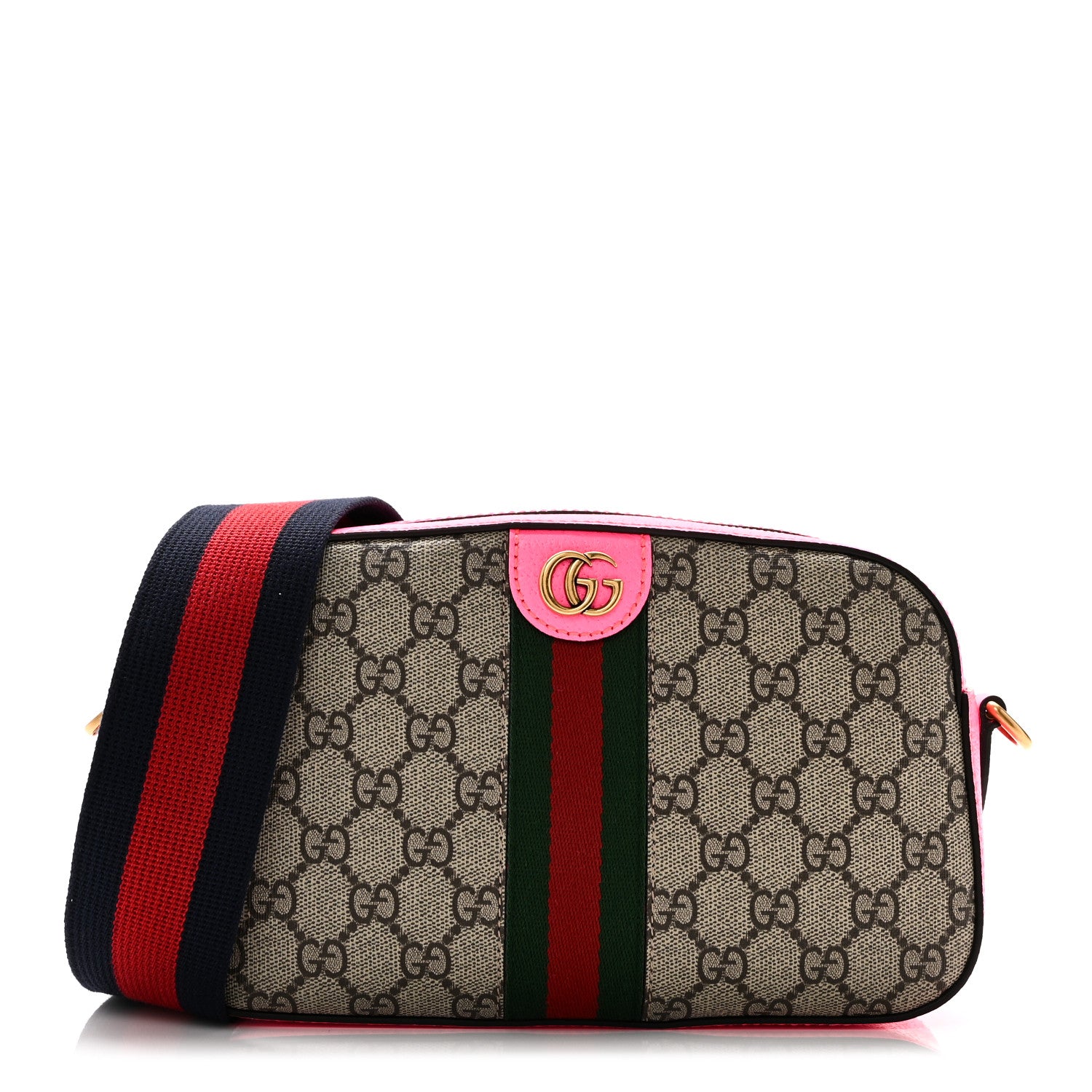 Gucci GG Supreme Monogram Textured Dollar Calfskin Web Ophidia Small Crossbody Bag Beige Ebony Fuchsia 1 of 10