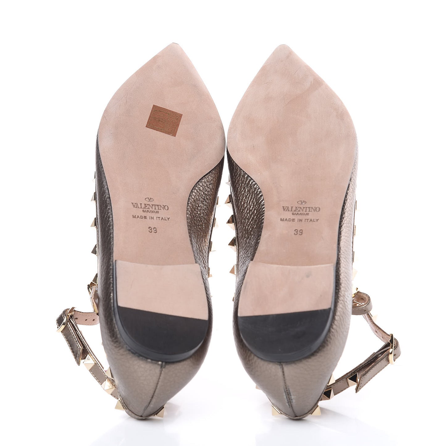 Metallic Pebbled Calfskin Rockstud Cage Ballerina Flats 39 Sasso