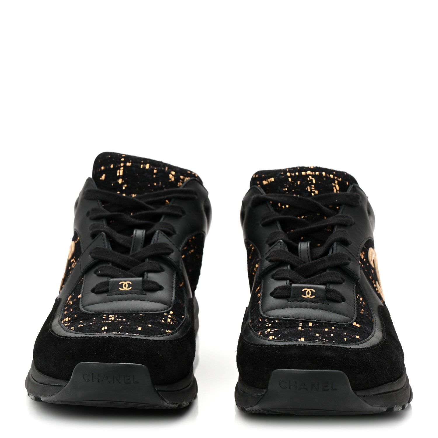 Chanel Suede Tweed Mens CC Sneakers 42 Black Gold 3 of 8