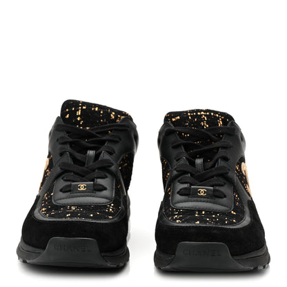 Chanel Suede Tweed Mens CC Sneakers 42 Black Gold 3 of 8