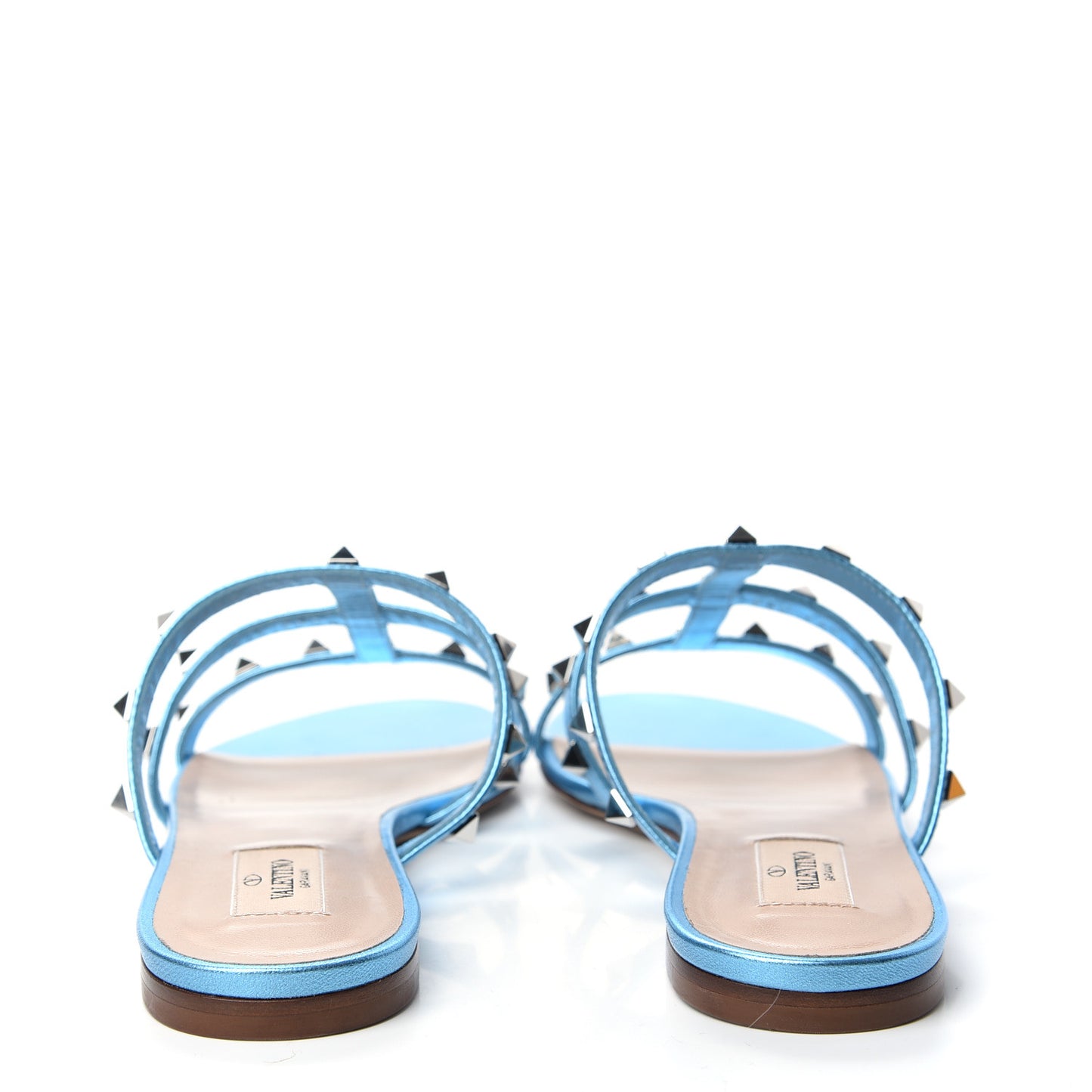 Metallic Nappa Rockstud Caged Flat Slide Sandals 38.5 Cerulean