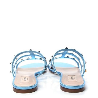 Valentino Garavani Metallic Nappa Rockstud Caged Flat Slide Sandals 38.5 Cerulean 7 of 11