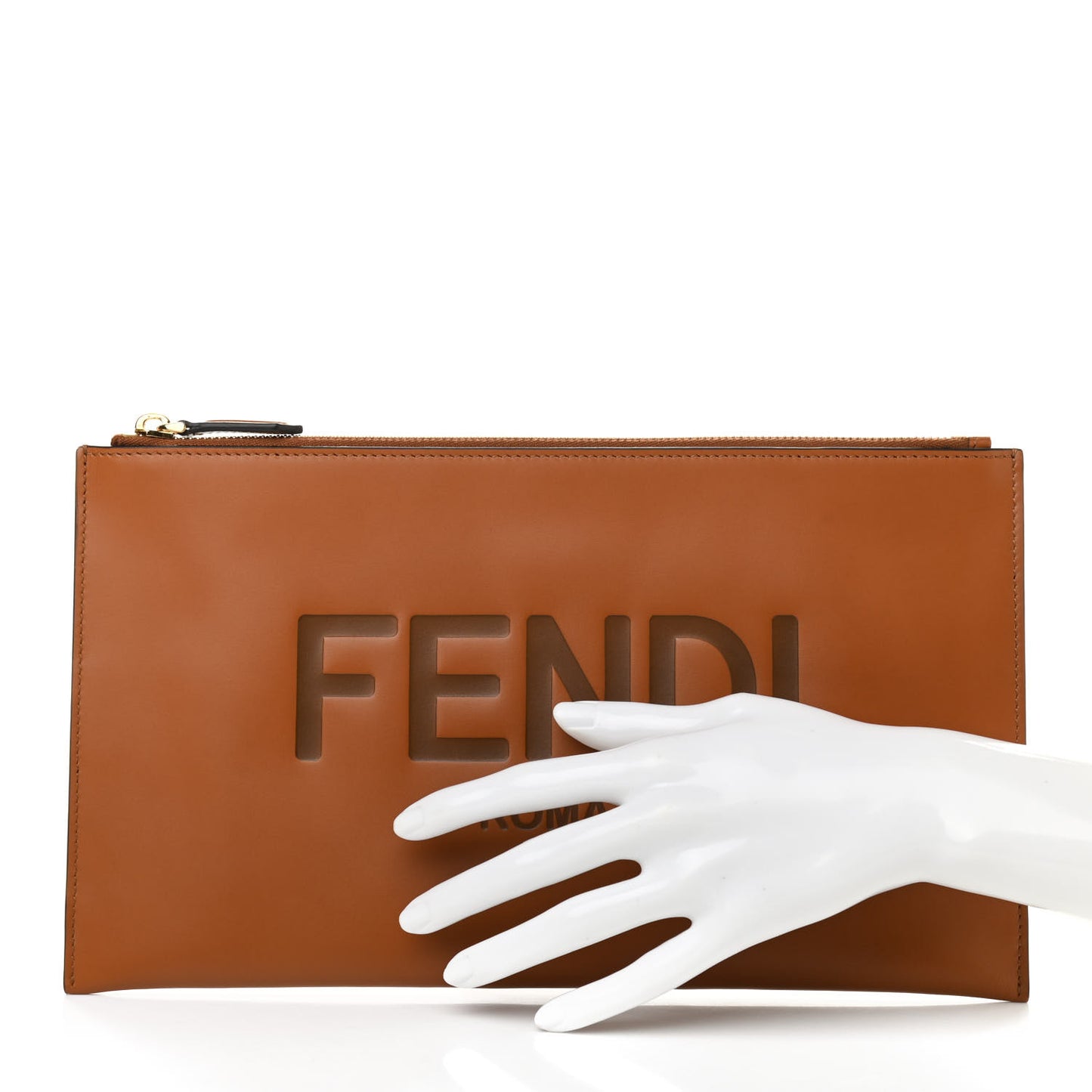 Vitello King Logo Embossed Medium Flat Pouch Cuoio
