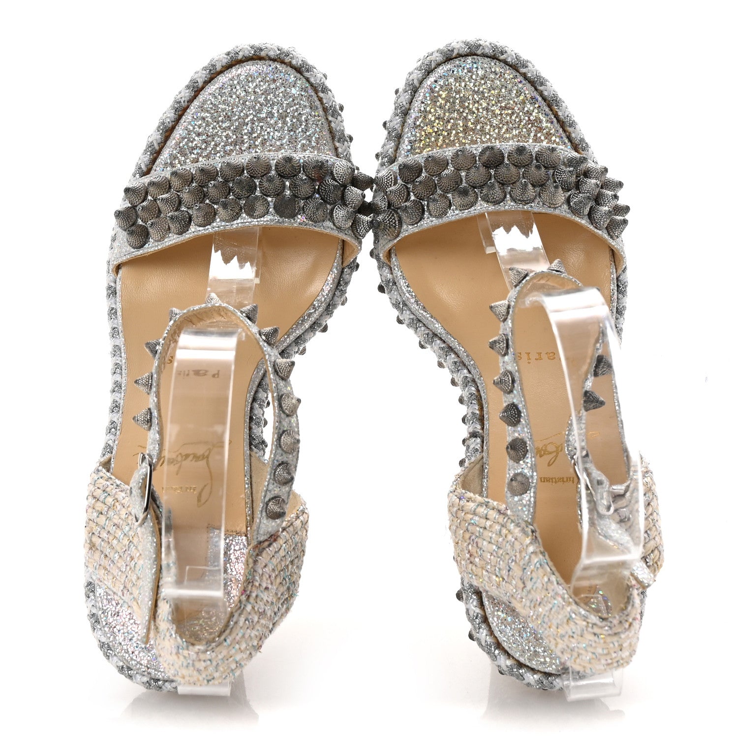 Christian Louboutin Glitter Calfskin Rope Spiked Lata 110 Wedges 37 Silver 2 of 8