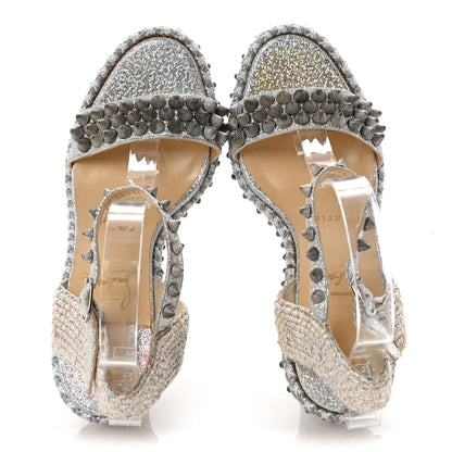 Christian Louboutin Glitter Calfskin Rope Spiked Lata 110 Wedges 37 Silver 2 of 8