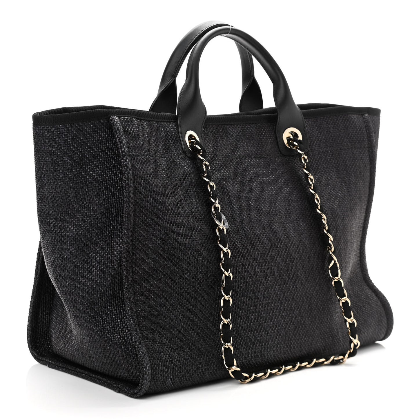 Woven Straw Raffia Large Deauville Tote Black