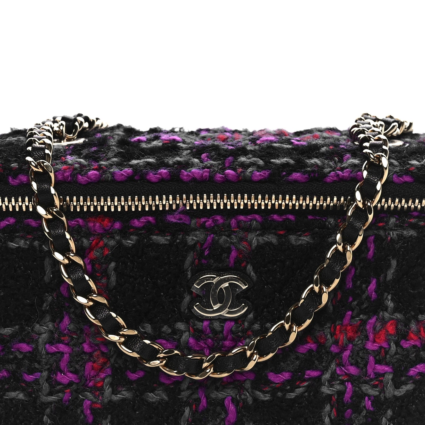 Tweed Quilted Small Vanity Case With Chain Black Purple Green Red
