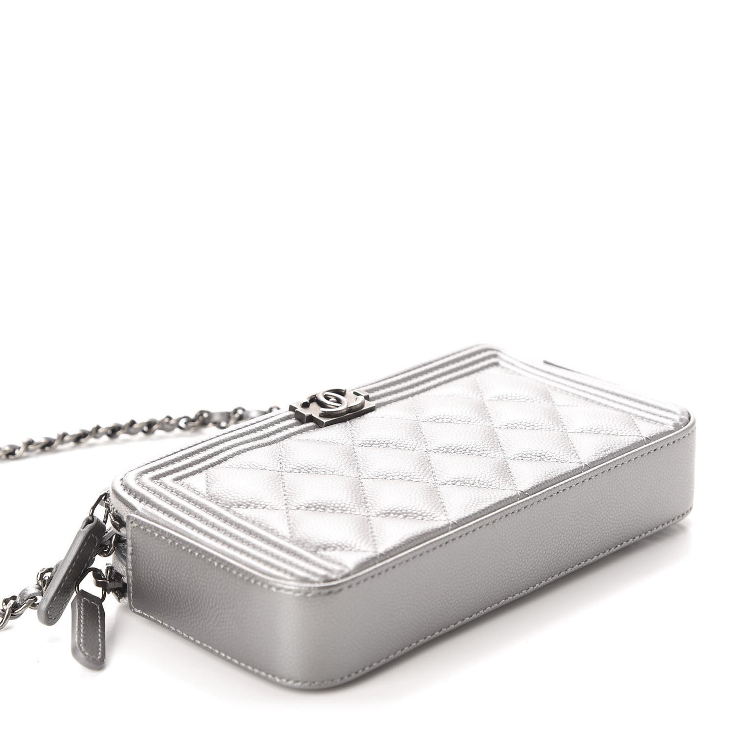 Metallic Caviar Quilted Small Boy Clutch With Chain Silver
