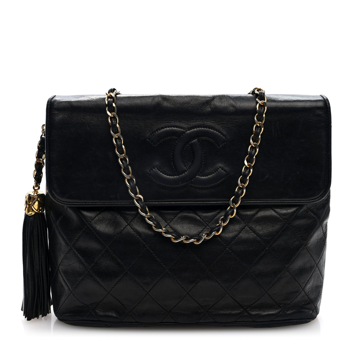 Lambskin Quilted CC Tassel Shoulder Flap Bag Black