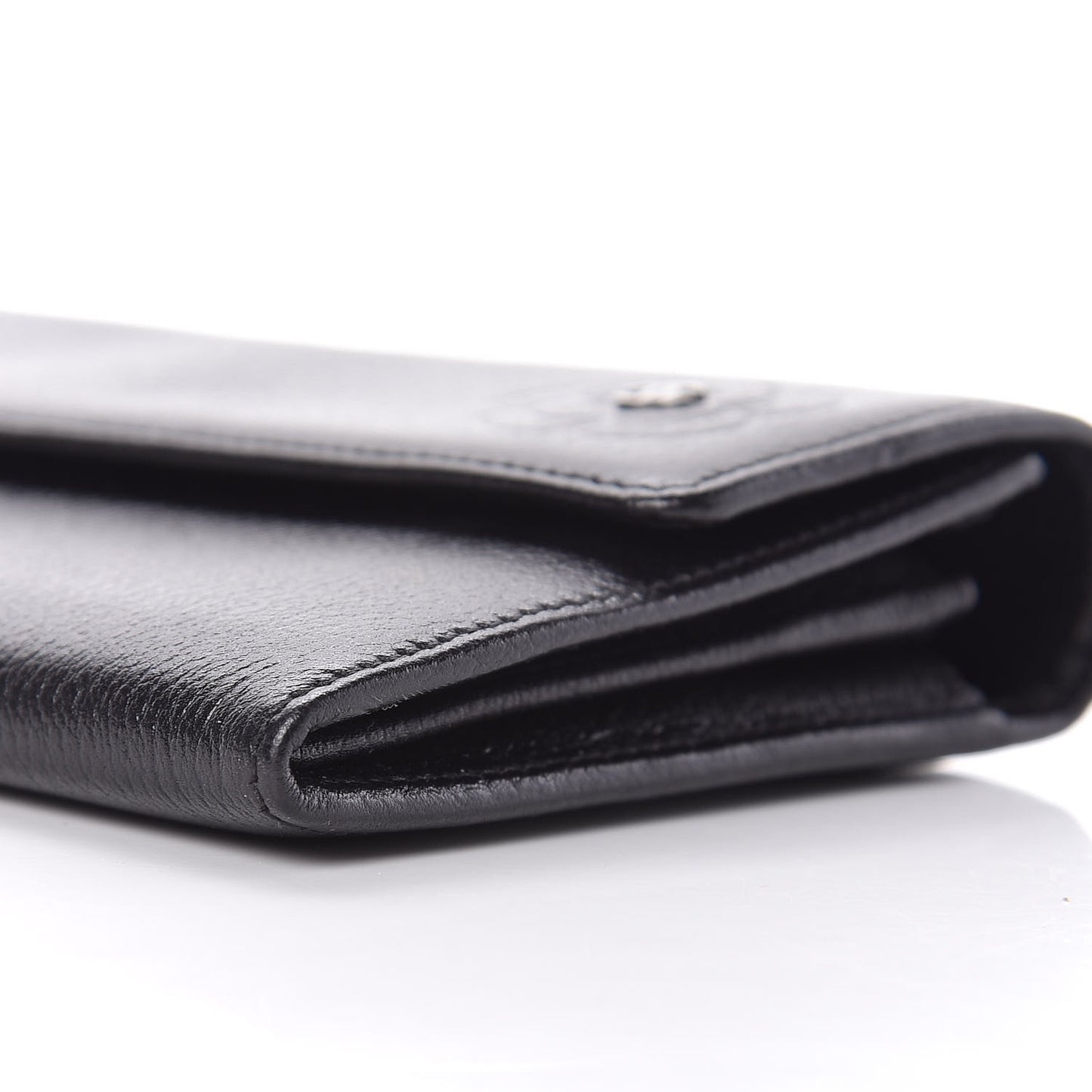 Goatskin Camellia Embossed Flap Wallet Black