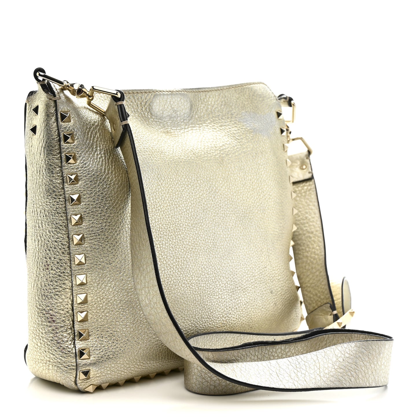 Metallic Pebbled Calfskin Small Rockstud Flip-Lock Messenger Bag Platino
