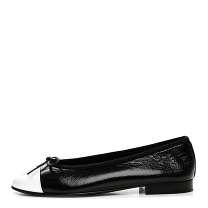 Chanel Crumpled Shiny Lambskin Cap Toe CC Ballerina Flats 36.5 Black White 1 of 9