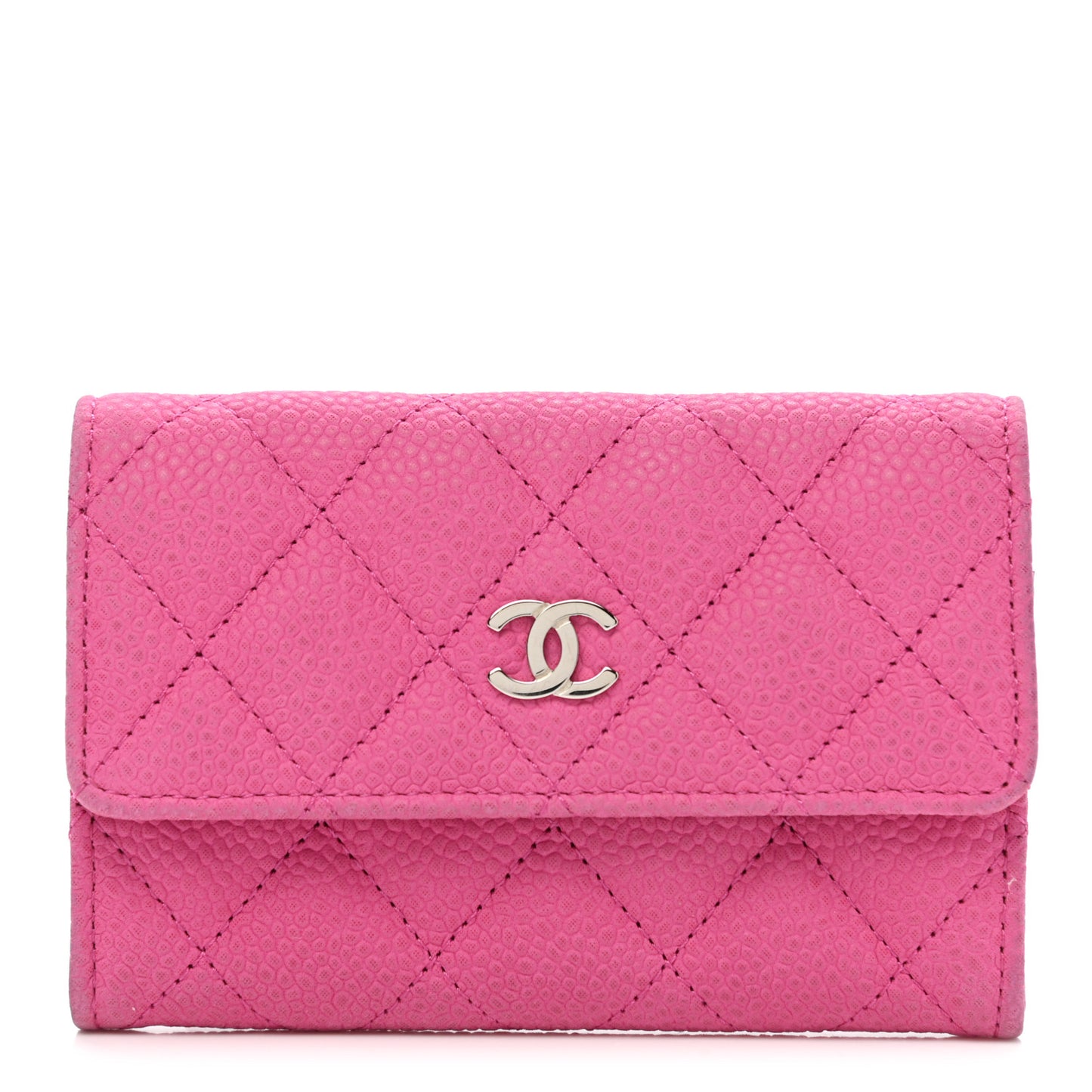Iridescent Caviar Quilted Flap Card Holder Pink