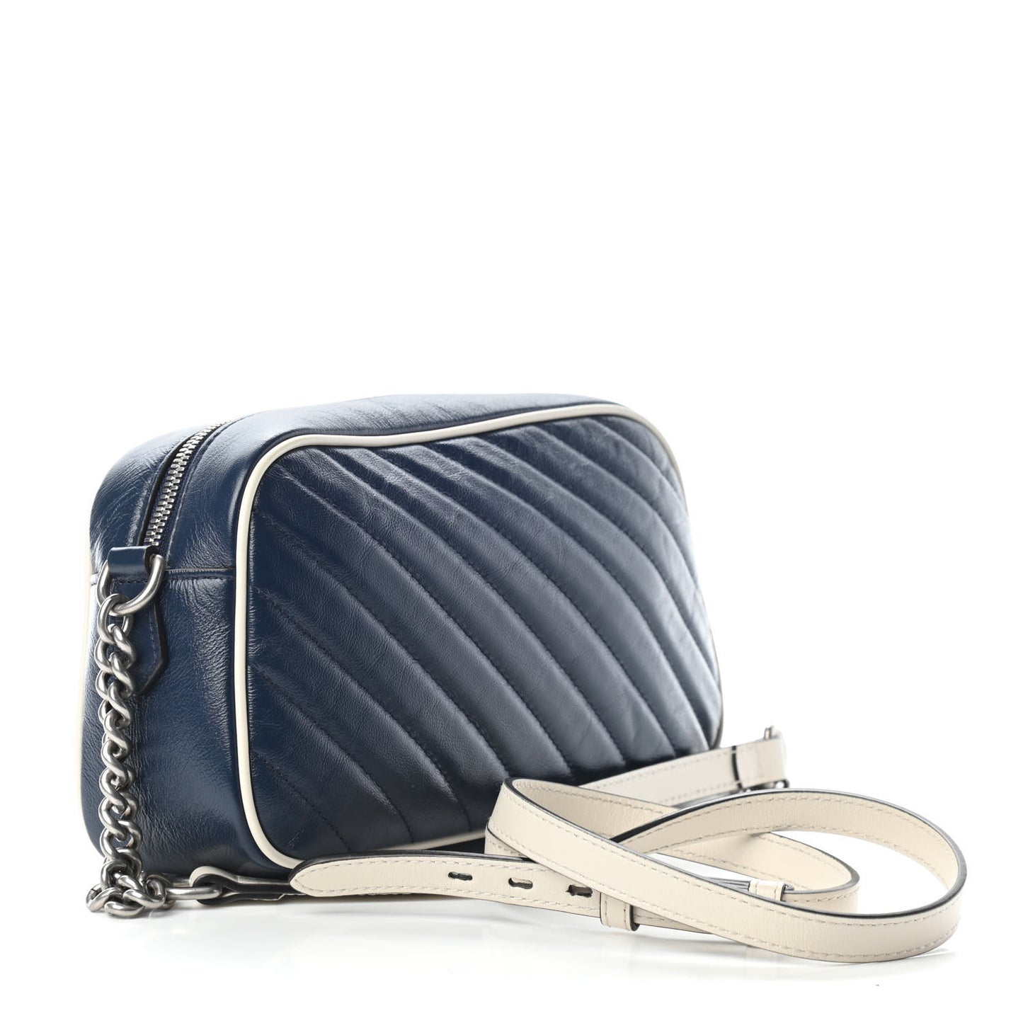 Vintage Effect Calfskin Matelasse Diagonal Small Torchon GG Marmont Chain Shoulder Bag Blue Agata Mystic White